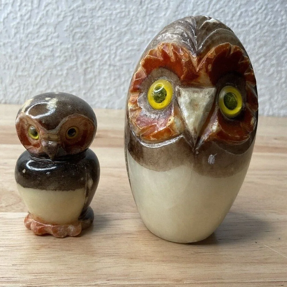 VTG 70's TYB Hand Carved Italian Alabaster 2 Owls Paperweight w/ Glass Eyes Flaw